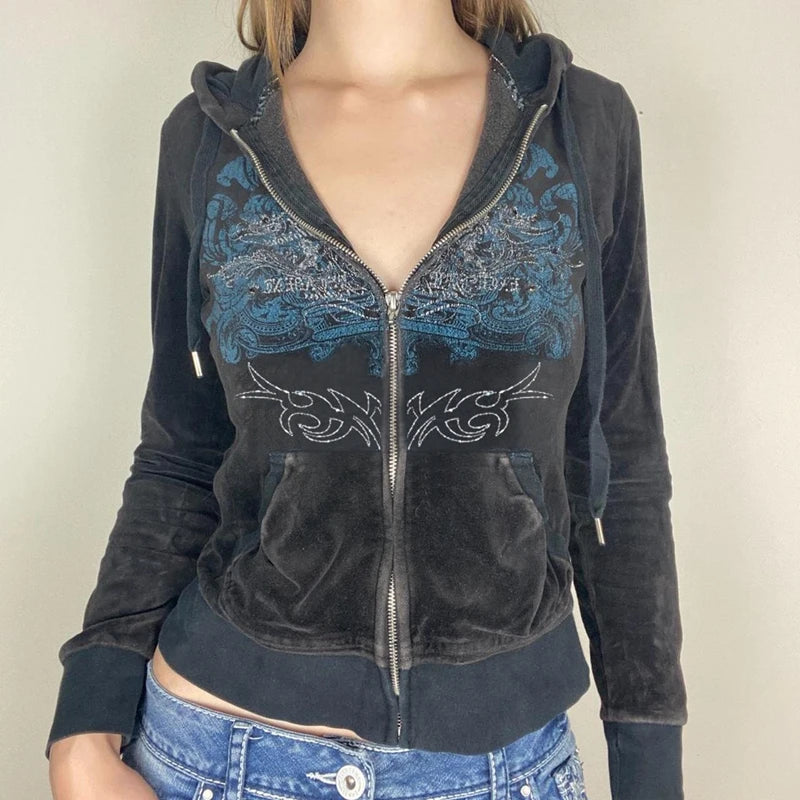 Y2K Aesthetic Vintage Slim Embroidery Graphic Pattern Zip Up For Women