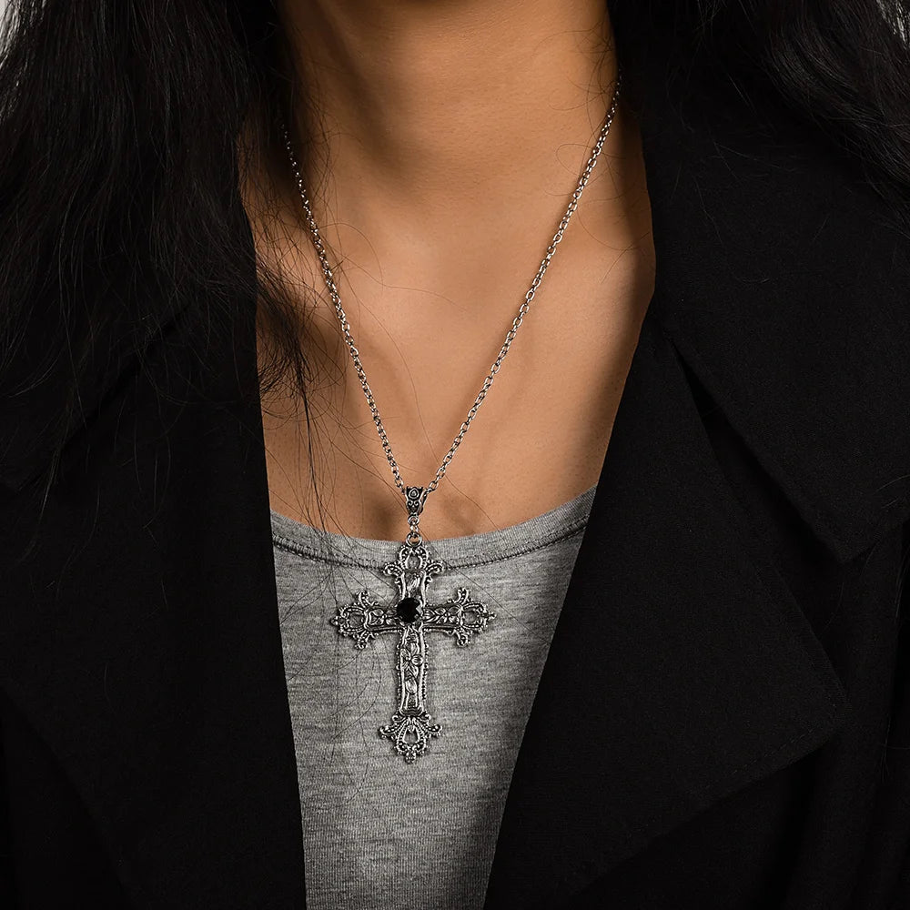 Y2K Punk Crystal Cross Pendant Necklace For Men | Gothic Clavicle Chain