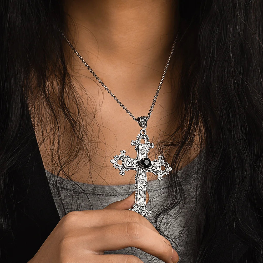 Y2K Punk Crystal Cross Pendant Necklace For Men | Gothic Clavicle Chain