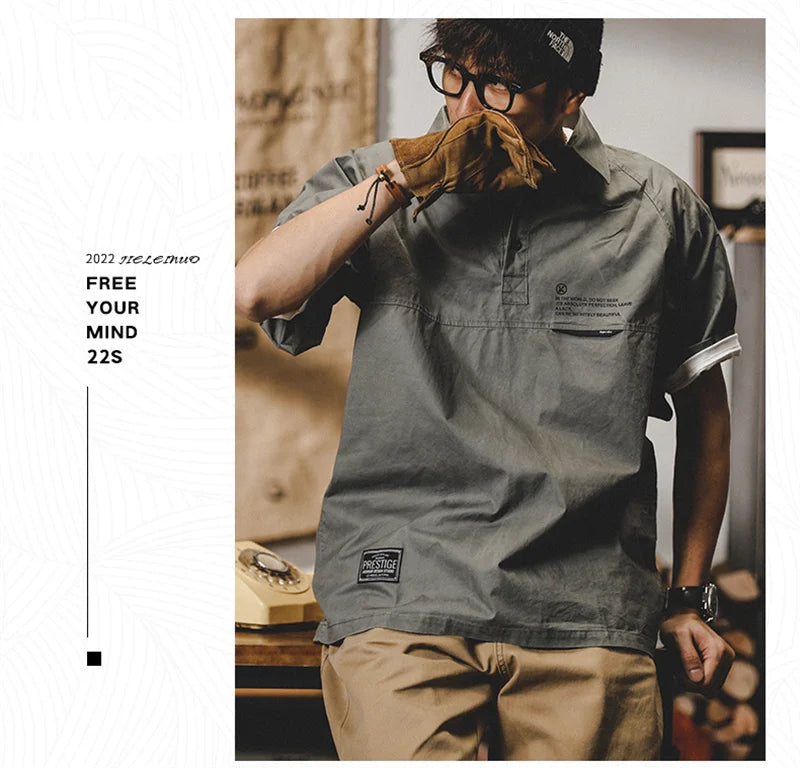 Summer Vintage Short Sleeve Polo Cargo T Shirt Men Loose