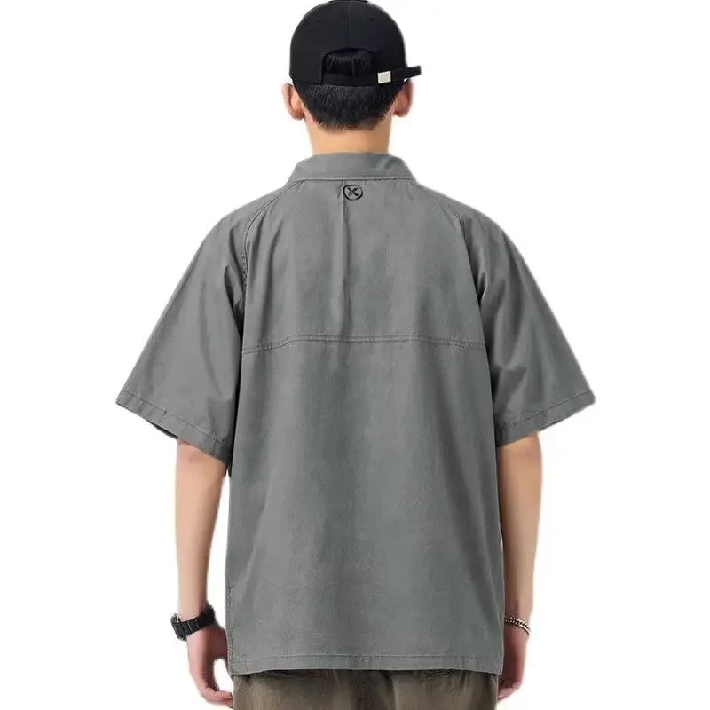 Summer Vintage Short Sleeve Polo Cargo T Shirt Men Loose