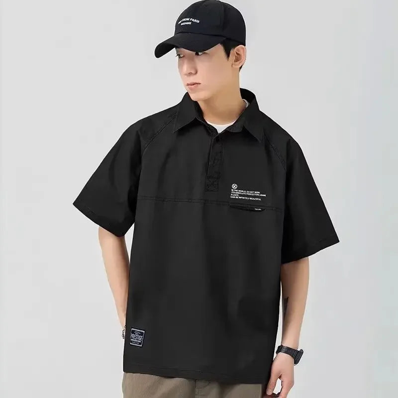 Summer Vintage Short Sleeve Polo Cargo T Shirt Men Loose