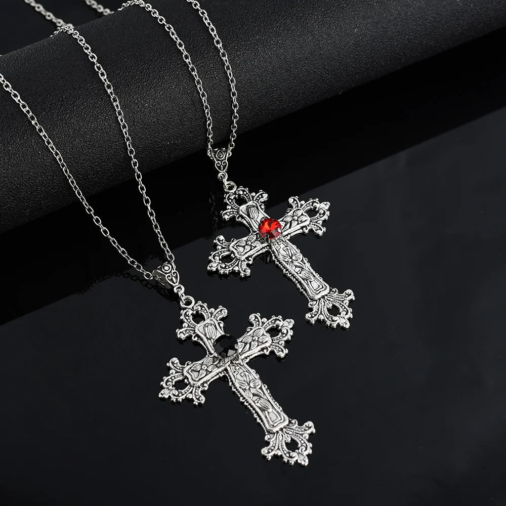 Y2K Punk Crystal Cross Pendant Necklace For Men | Gothic Clavicle Chain