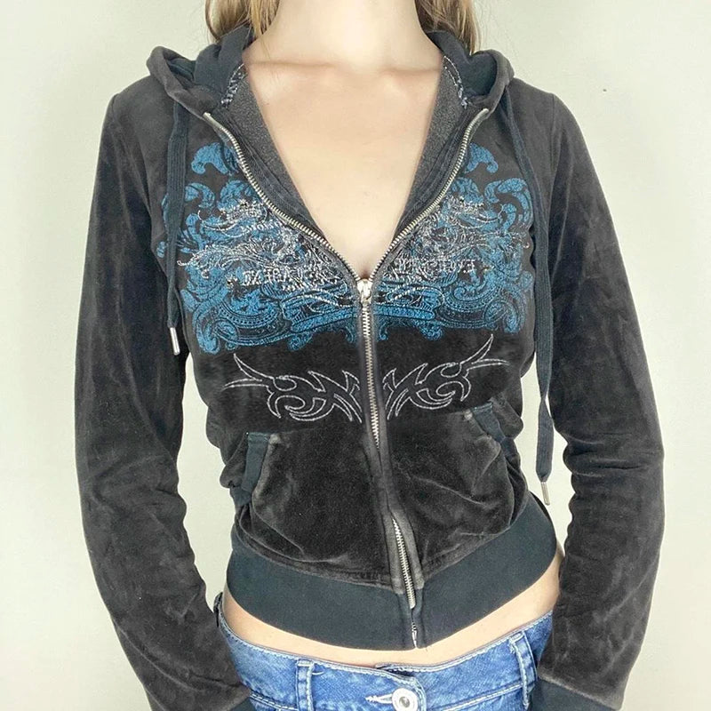 Y2K Aesthetic Vintage Slim Embroidery Graphic Pattern Zip Up For Women