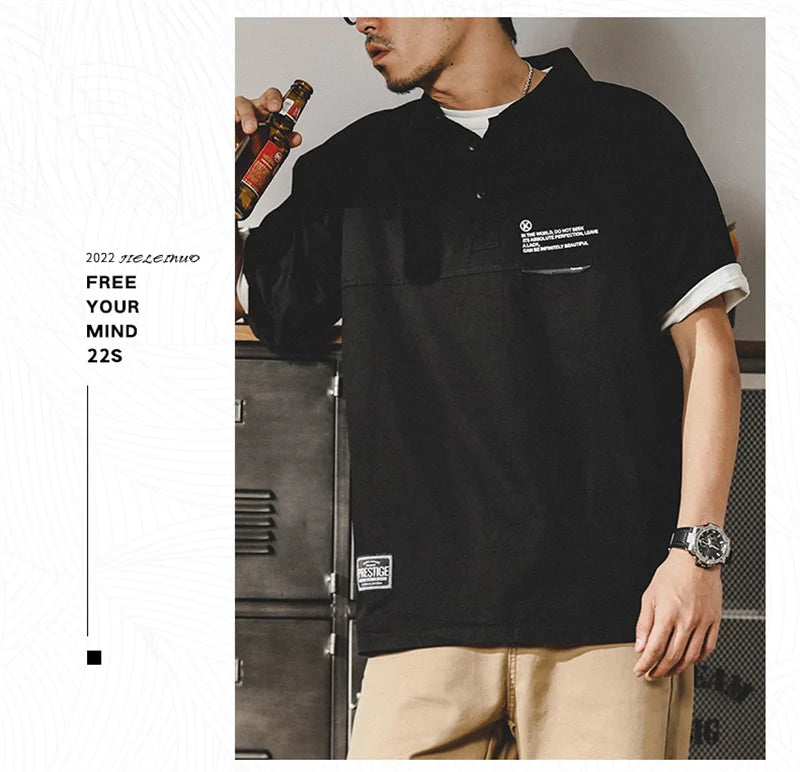 Summer Vintage Short Sleeve Polo Cargo T Shirt Men Loose