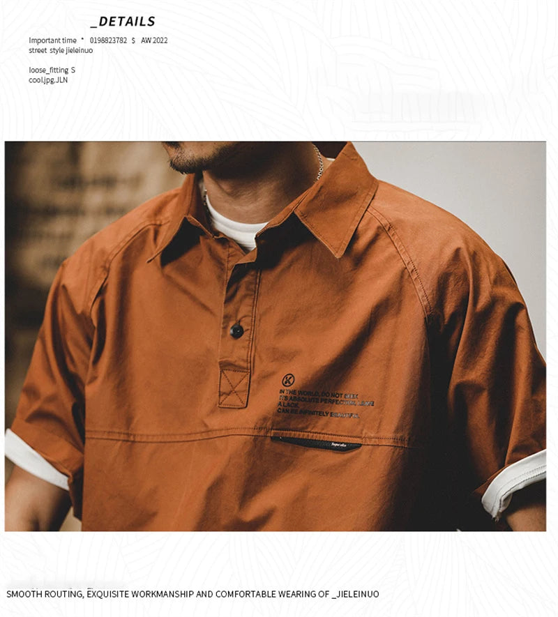 Summer Vintage Short Sleeve Polo Cargo T Shirt Men Loose