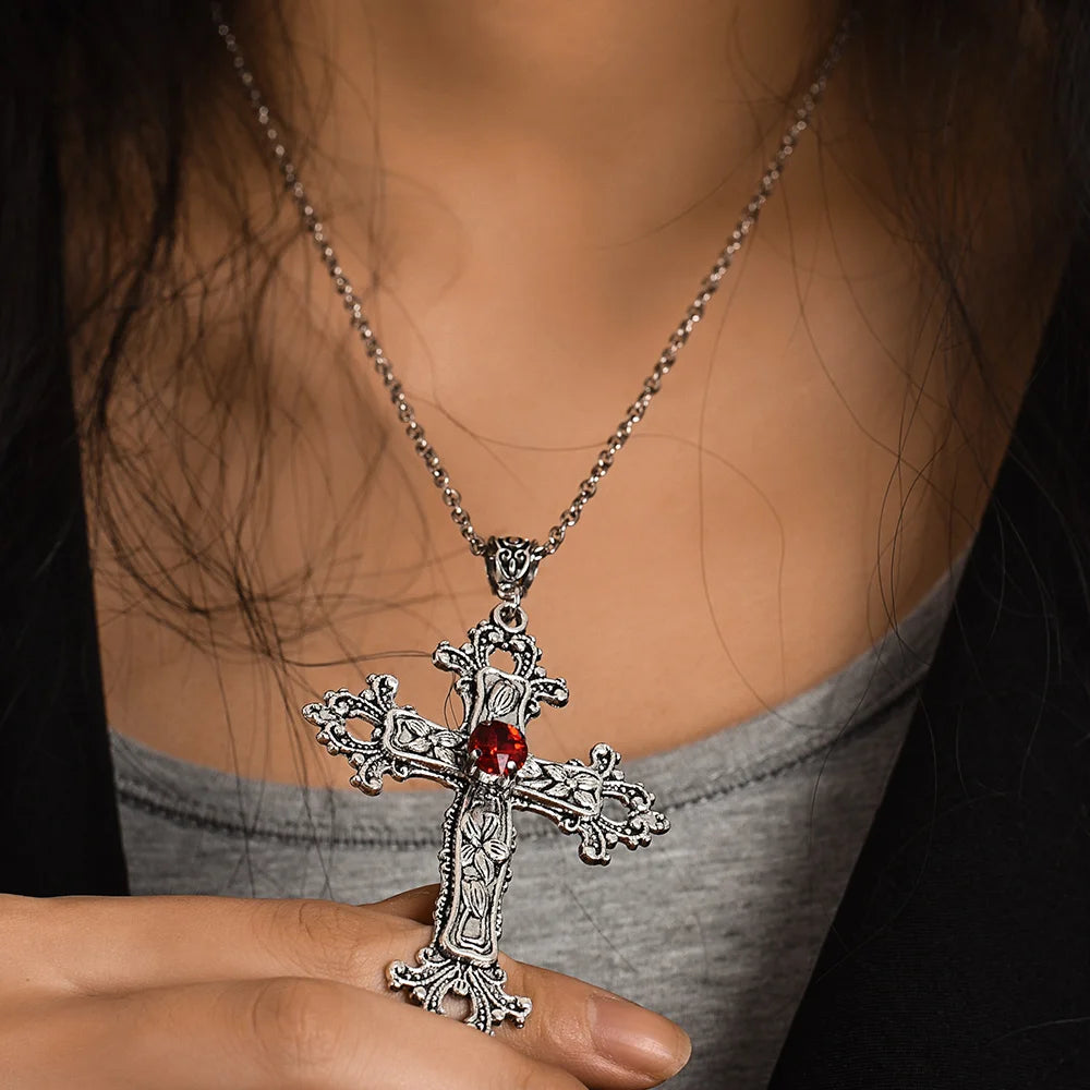 Y2K Punk Crystal Cross Pendant Necklace For Men | Gothic Clavicle Chain