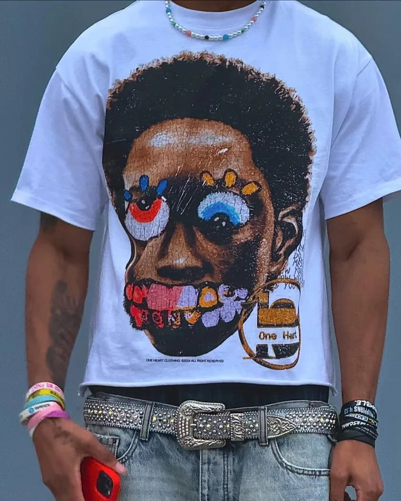 Big head print oversized T-shirt men's |  Y2K street hip-hop casual fashion short-sleeved top