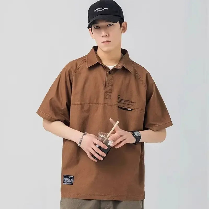 Summer Vintage Short Sleeve Polo Cargo T Shirt Men Loose