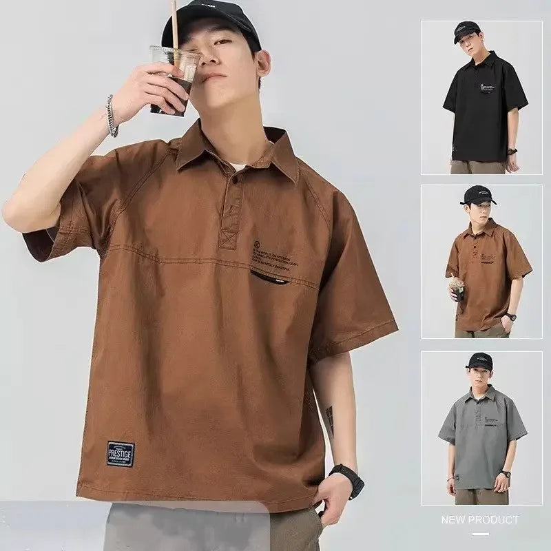 Summer Vintage Short Sleeve Polo Cargo T Shirt Men Loose