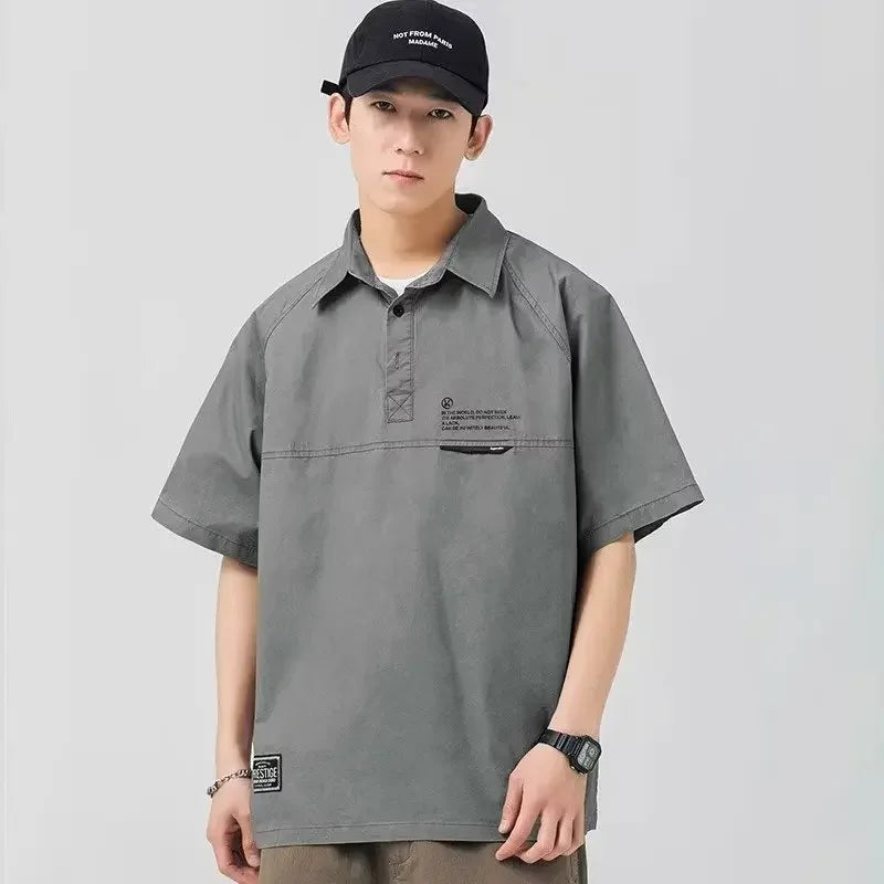 Summer Vintage Short Sleeve Polo Cargo T Shirt Men Loose