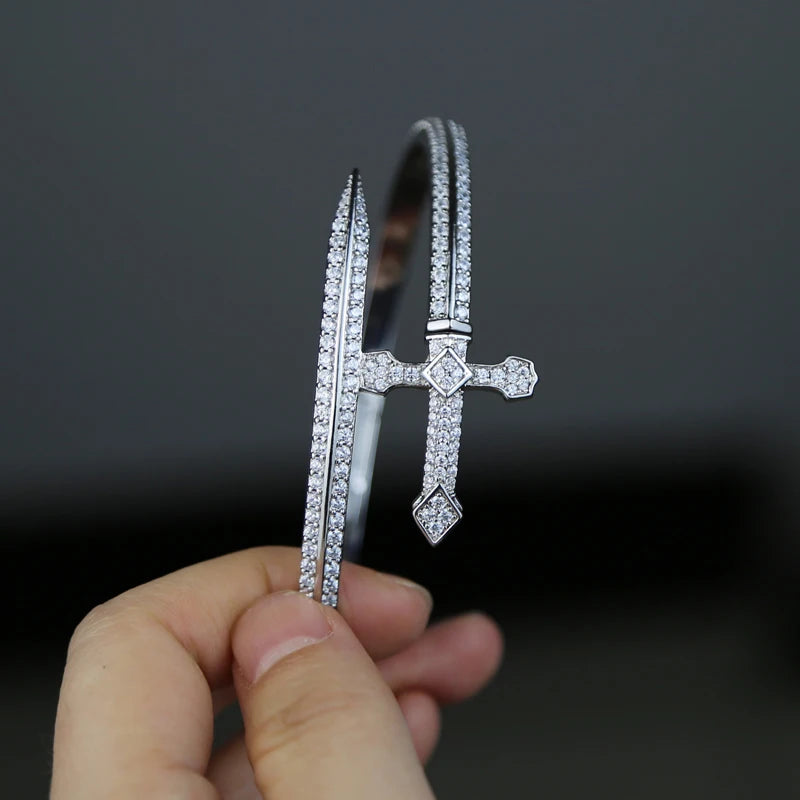 Iced Out Bling Cubic Zirconia CZ Cross Sword Bracelet for Men