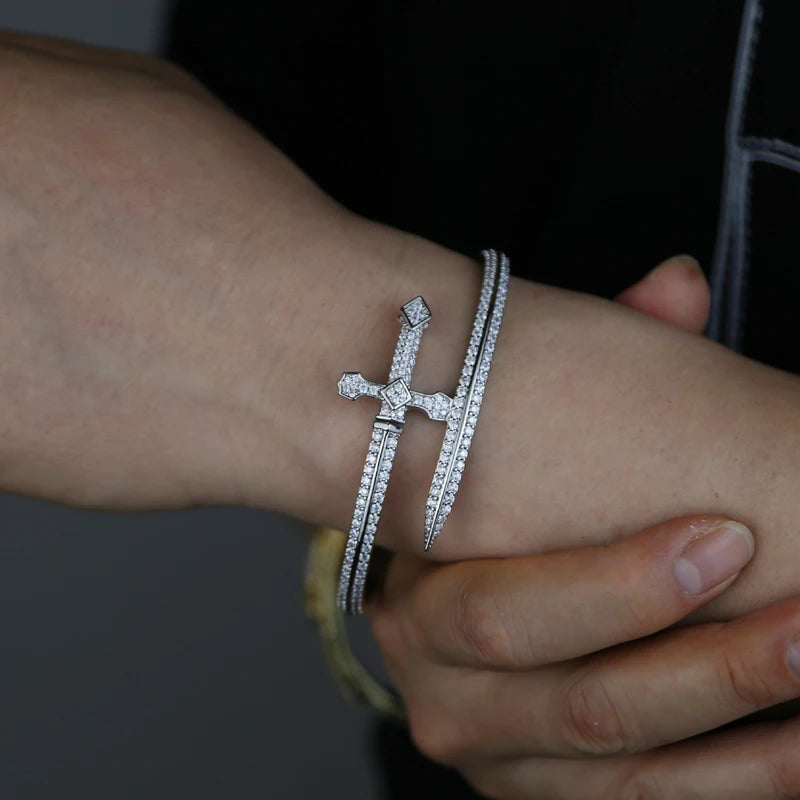 Iced Out Bling Cubic Zirconia CZ Cross Sword Bracelet for Men